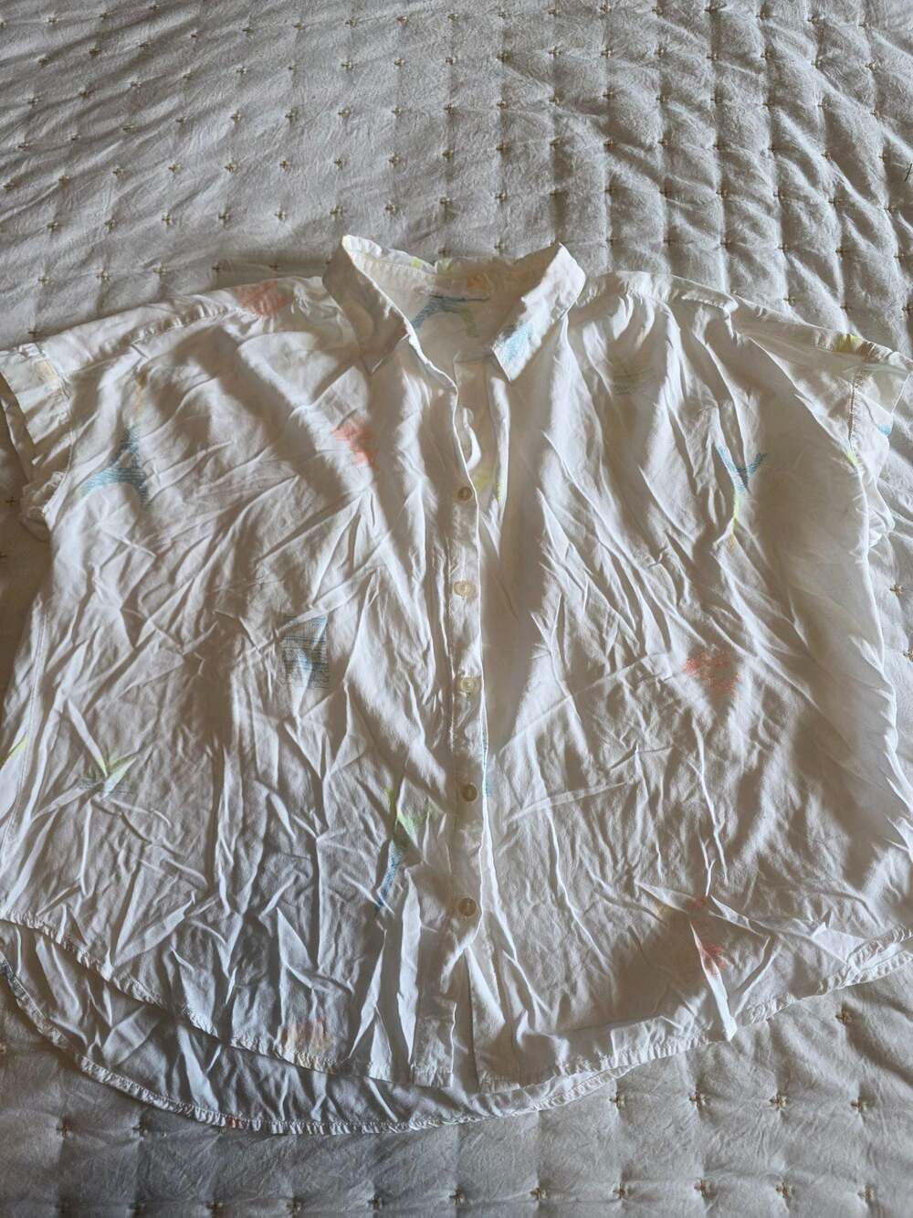 Jane + Delancey Women's White Button Down Shirt with Pastel Paris Landmark Print